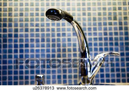 Kitchen Faucet and Blue Tiled Backsplash View Large Photo Image Stock Image - Kitchen Faucet and Blue Tiled Backsplash. Fotosearch