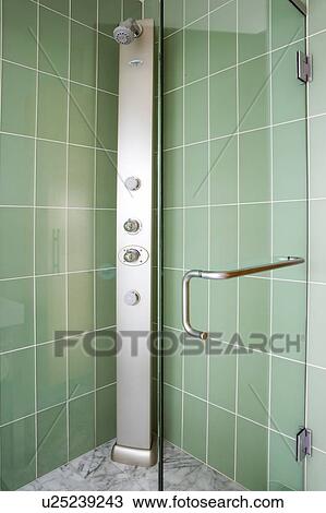 Stock Image - Modern Shower with Green Tile. Fotosearch