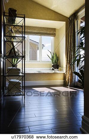 Contemporary Bathroom with Jacuzzi and Vaulted Ceilings View Large Photo Image Stock Photo - Contemporary Bathroom with Jacuzzi and Vaulted Ceilings. Fotosearch
