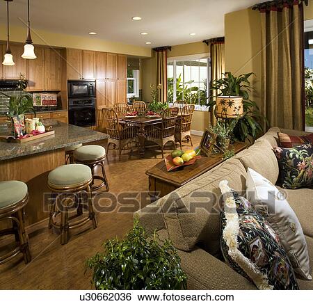 Beach Style Living Room, Dining Room, and Kitchen View Large Photo Image Stock Photograph - Beach Style Living Room, Dining Room, and Kitchen. Fotosearch