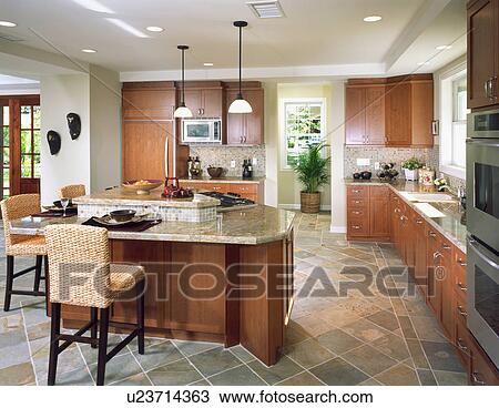 Stock Image - Contemporary Kitchen In Coastal Home. Fotosearch