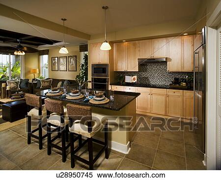 Stock Photography - Large Contemporary Kitchen with Island. Fotosearch