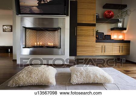 Cozy Modern Living Room with Candle Fireplace View Large Photo Image Stock Photo - Cozy Modern Living Room with Candle Fireplace. Fotosearch