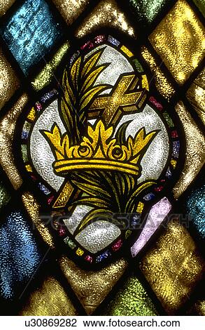 Crown palm branch and cross stained glass window View Large Photo Image Stock Image - Crown palm branch and cross stained glass window. Fotosearch