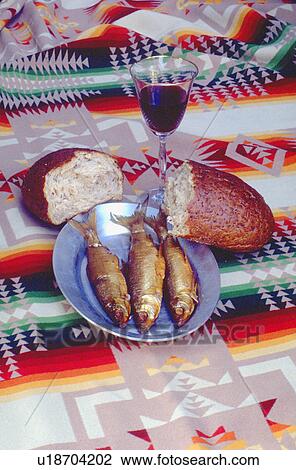 Stock Image - Fish, Bread, and Wine. Fotosearch
