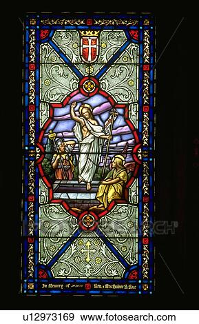 Stock Photo - Jesus ascending into heaven from crypt on stained glass. Minneapolis Minnesota USA. Fotosearch