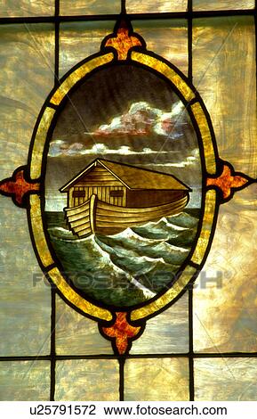 Stock Image - Noahs Ark sailing through the flood on stained glass. Fotosearch
