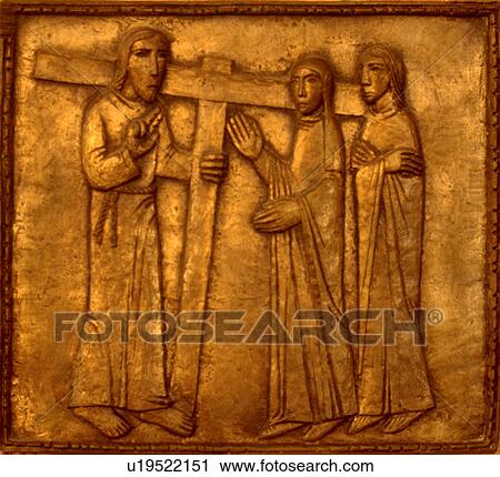 Stock Image - Stations of the Cross number eight Jesus with cross talking to men. Richfield Minnesota USA. Fotosearch