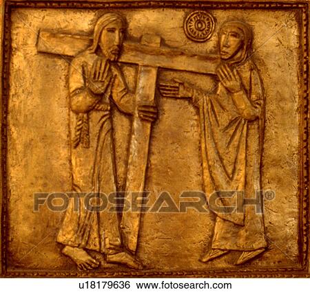 Stock Photograph - Stations of the Cross number four Jesus carrying cross with Mary. Richfield Minnesota USA. Fotosearch