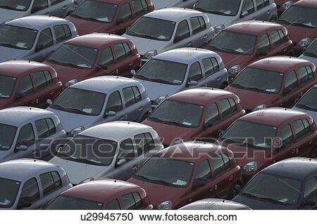 Stock Image - cars, parked, outdoors, lot, car lot, aerial. Fotosearch