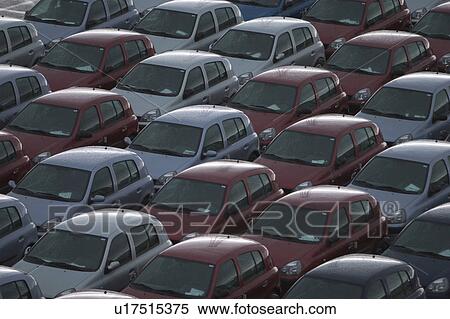 Stock Photography - cars, parked, outdoors, lot, car lot, aerial. Fotosearch