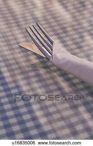 Stock Photograph - Checked, Close-Up, Cutlery, Fork, Knife. Fotosearch
