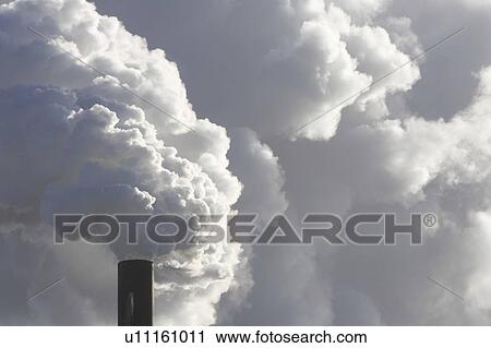 Stock Image - Chimney, Fumes, Emitting, Day, Air Pollution. Fotosearch