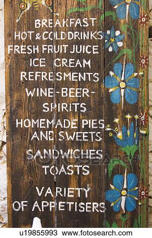 Stock Image - Hotel, Information, Menu, Outdoors. Fotosearch