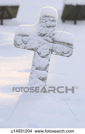 Picture - outdoors, frost, day, white, cemetery, graveyard. Fotosearch