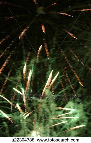 Stock Photo - outdoors, view, pyrotechnics, rockets, explosives, light. Fotosearch