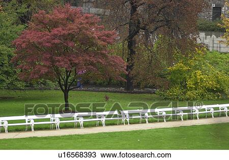 Stock Image - Empty benches at a park in Prague. Fotosearch