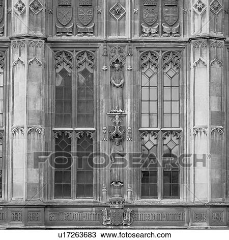 Stock Image - Windows of an ancient historical building in London, England. Fotosearch