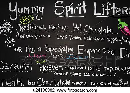 Cafe menu with drink items on blackboard View Large Photo Image Stock Image - Cafe menu with drink items on blackboard. Fotosearch