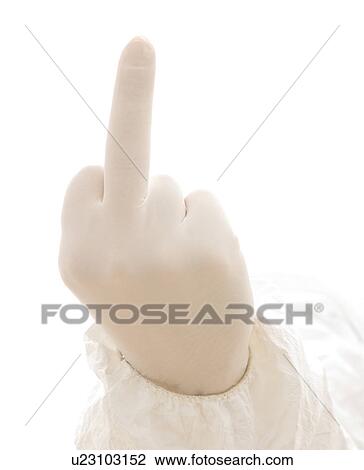 Hand wearing white rubber glove with middle finger extended making profane gesture View Large Photo Image Stock Image - Hand wearing white rubber glove with middle finger extended making profane gesture. Fotosearch