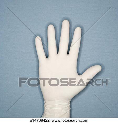 Stock Image - Hand with five fingers extended wearing white rubber glove.. Fotosearch