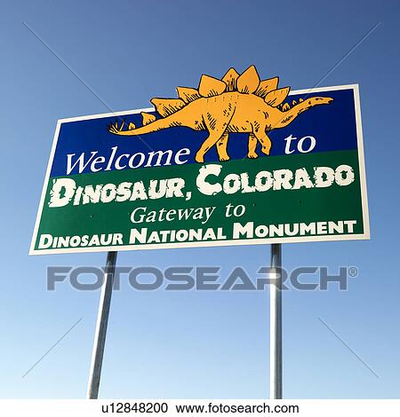 Stock Image - Welcome sign for city of Dinosaur, Colorado, USA. Fotosearch