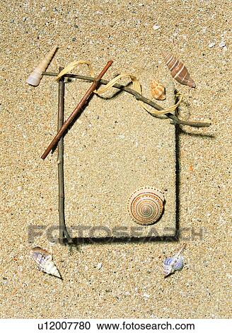 Stock Image - frame, rim, seashell, branch, sand. Fotosearch