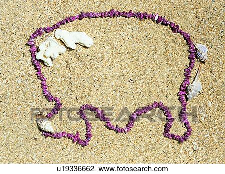 Stock Image - frame, rim, seashell, sand, red. Fotosearch