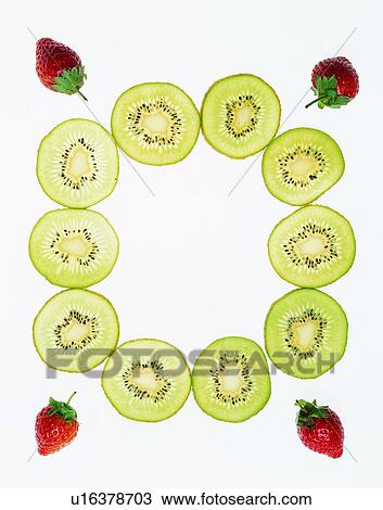Stock Image - strawberry, frame, kiwi fruit, fruit, green, red. Fotosearch