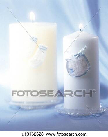 Stock Photo - two objects, burning, candle, close-up, wax, wick, indoor. Fotosearch
