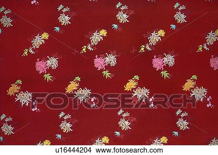 中国語 布 フルのフレーム 生地 織物 くり色 デザイン 花の意匠 ピクチャー U Fotosearch