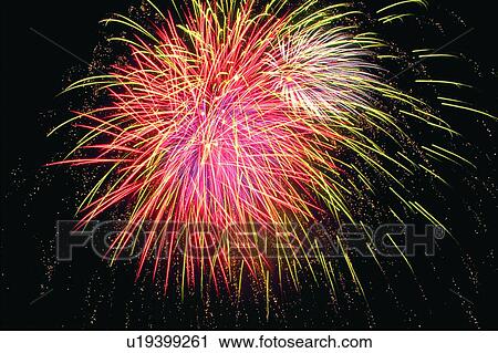 Stock Image - Firework Display, Red, Exploding, Fun, Outdoor. Fotosearch