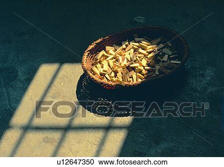 Stock Image - cheesee, basket, sun light, shadow. Fotosearch