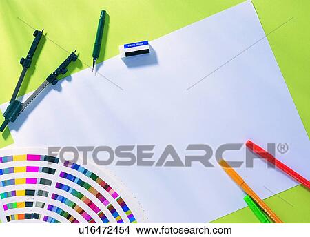 Picture - indoor, light, paper, material, compass, eraser. Fotosearch