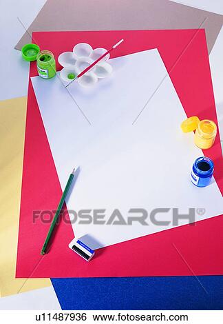 Stock Photograph - material, indoor, pencil, paper, pen, paint. Fotosearch