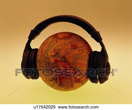 Stock Photo - globe, headphones, funny. Fotosearch