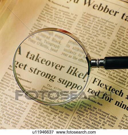 Stock Photo - newspaper, magnifier, stationery, magnifying glass, word. Fotosearch