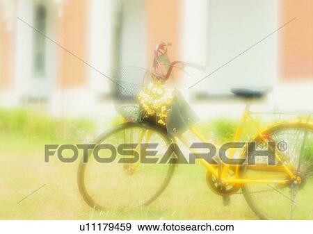 Stock Photo - grass, bicycle, mood, flower, setting, school. Fotosearch