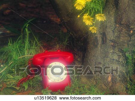Stock Photo - grass, telephone, romantic, flower, tree, setting. Fotosearch