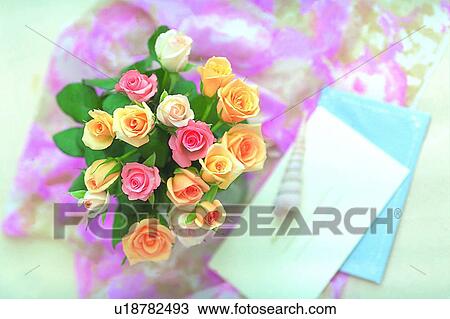Stock Image - yellow, leaf, vase, flower, pink, card, fabric. Fotosearch