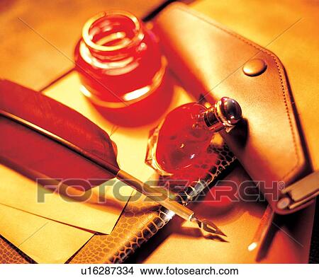 Picture - pen, toned, paper, leather case, close up. Fotosearch