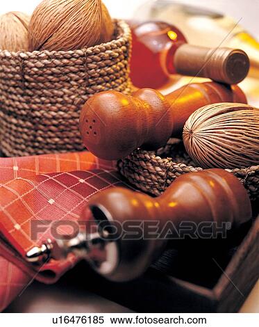 Stock Photography - pepper grinder, red wine, close up, bucket, food, melon, toned. Fotosearch