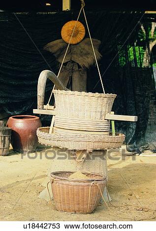 Stock Image - outdoor, basket, coir raincoat, hat, fishing net, water vat. Fotosearch