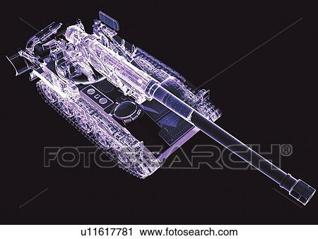 Stock Image - close-up, translucent, internal frame, structure, war tank, cannon, glow. Fotosearch