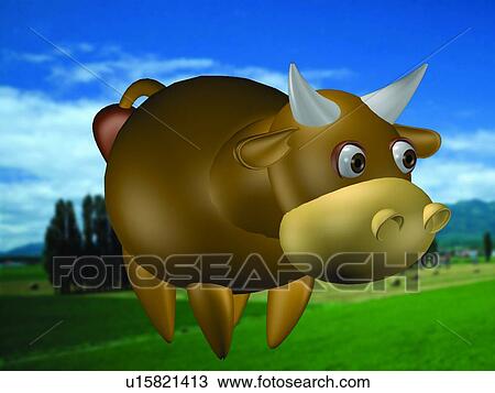 Stock Image - green, animal, cute, ox, cartoon, field. Fotosearch