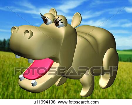 Stock Photo - hippo, 3D, animal, sky, field. Fotosearch