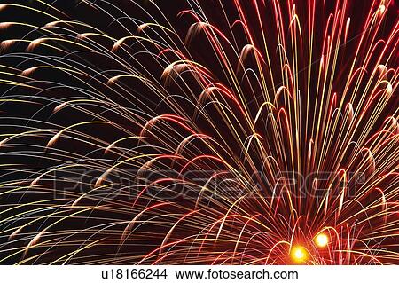 Picture -  fireworks in Night Sky, Long Exposure. Fotosearch