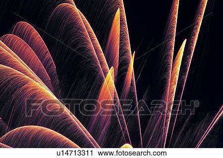 Stock Image -  Orange-colored Fireworks Exploding in the Night Sky, Long Exposure, Low Angle View . Fotosearch