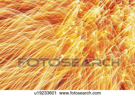 Stock Image -  Yellow-colored Fireworks Exploding in the Night Sky, Long Exposure, Low Angle View . Fotosearch