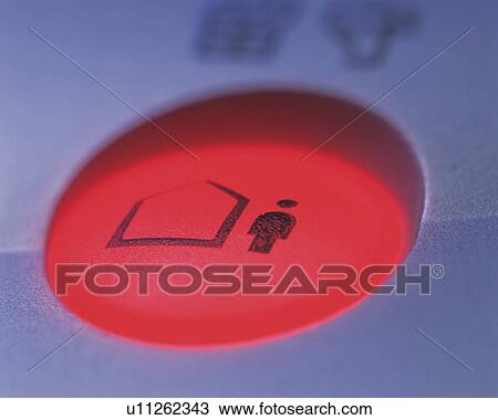 Stock Image - The button of an answering machine, Close Up, High Angle View. Fotosearch